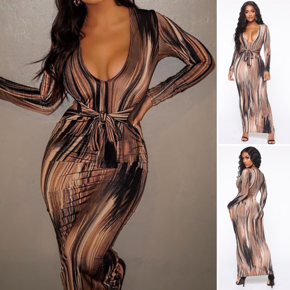 Fashion Nova Mind Of My Own Maxi Dress Brown/combo Stretch Deep cleavage belted - Picture 2 of 9